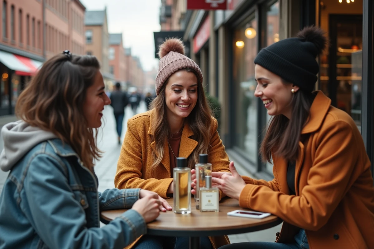 Trois amis découvrant des parfums dans un café urbain