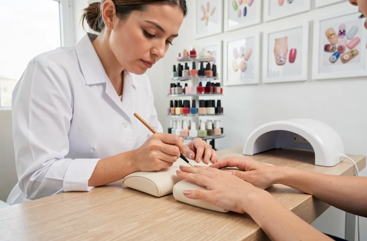 Pose de vernis gel nude par une nail-artiste professionnelle dans le studio soigné d'A'Nails en Essonne