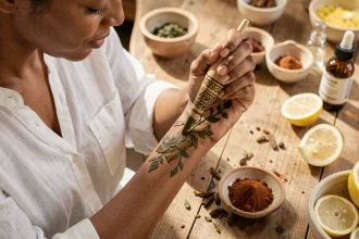 Femme appliquant du henné colorant sur sa main avec un cône traditionnel, entourée d'ingrédients naturels sur une table en bois