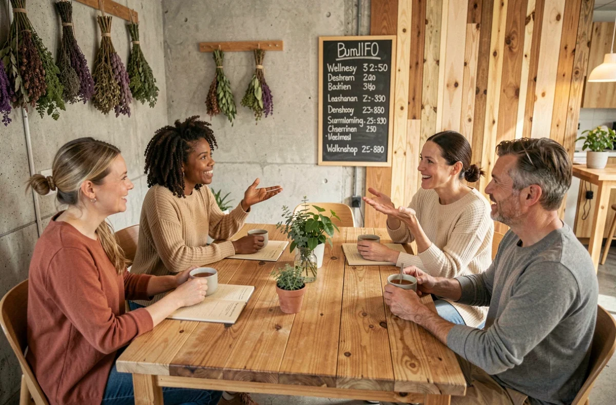 Groupe de personnes partageant une tisane lors d'un atelier de bien-être solidaire et communautaire