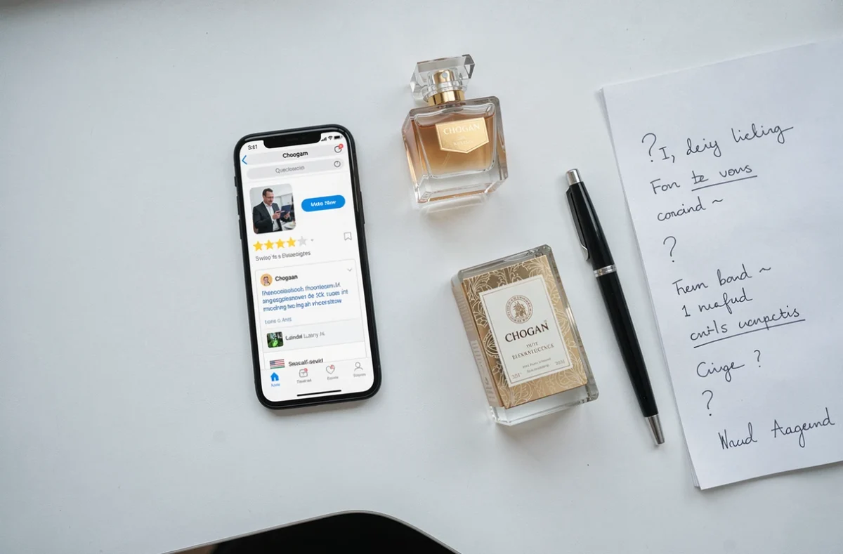 Vue aérienne d'un avis négatif sur smartphone entouré d'un flacon de parfum Chogan et de notes manuscrites