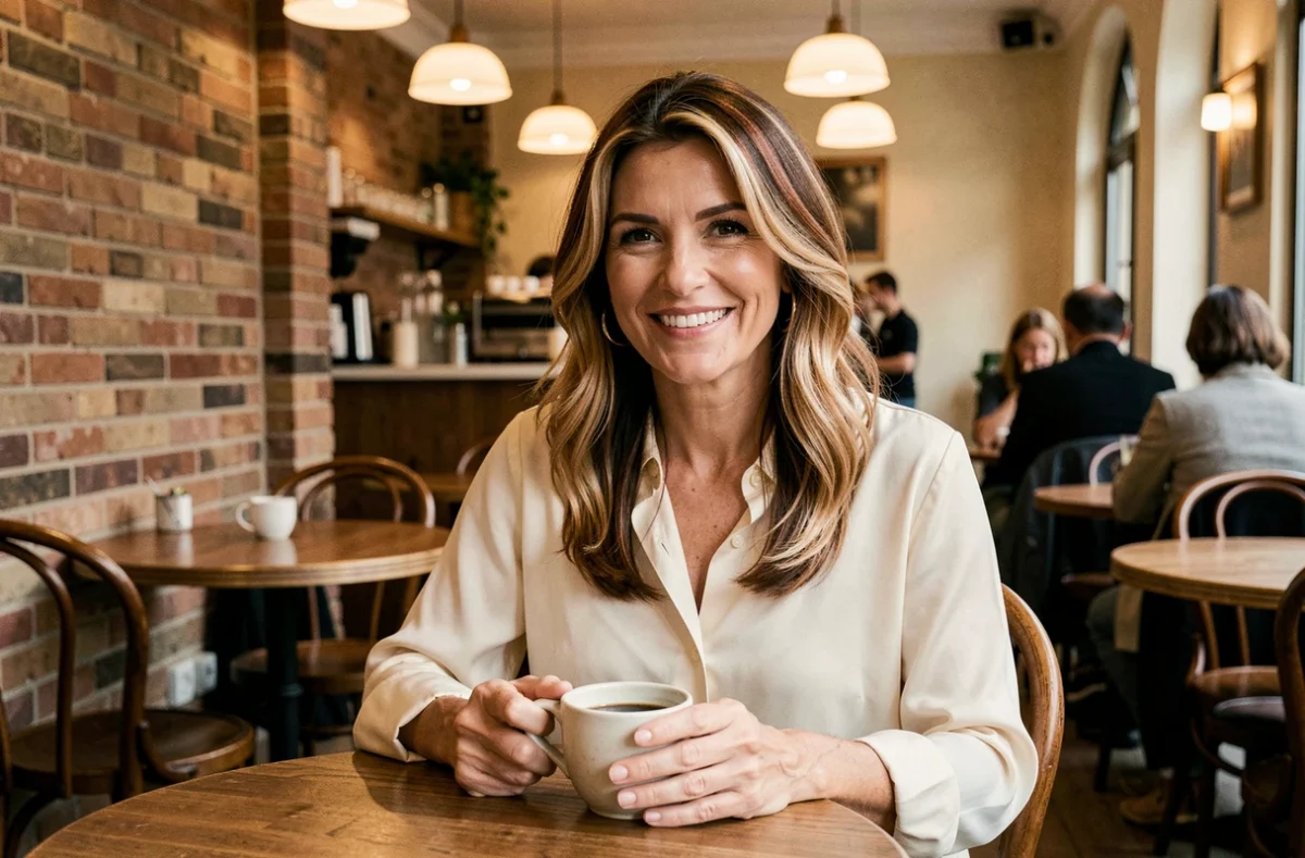 Femme de 52 ans avec babylights blondes et base brune dans un café parisien chaleureux