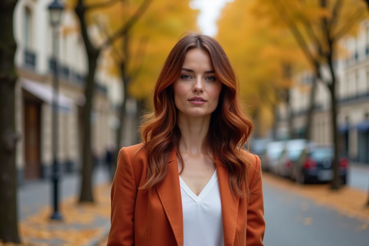Femme aux cheveux balayage roux dorés et peau claire portant un blazer rouille dans une avenue parisienne en automne