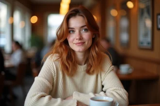 Jeune femme à peau claire avec un balayage roux aux reflets cuivrés et châtain dans un café parisien