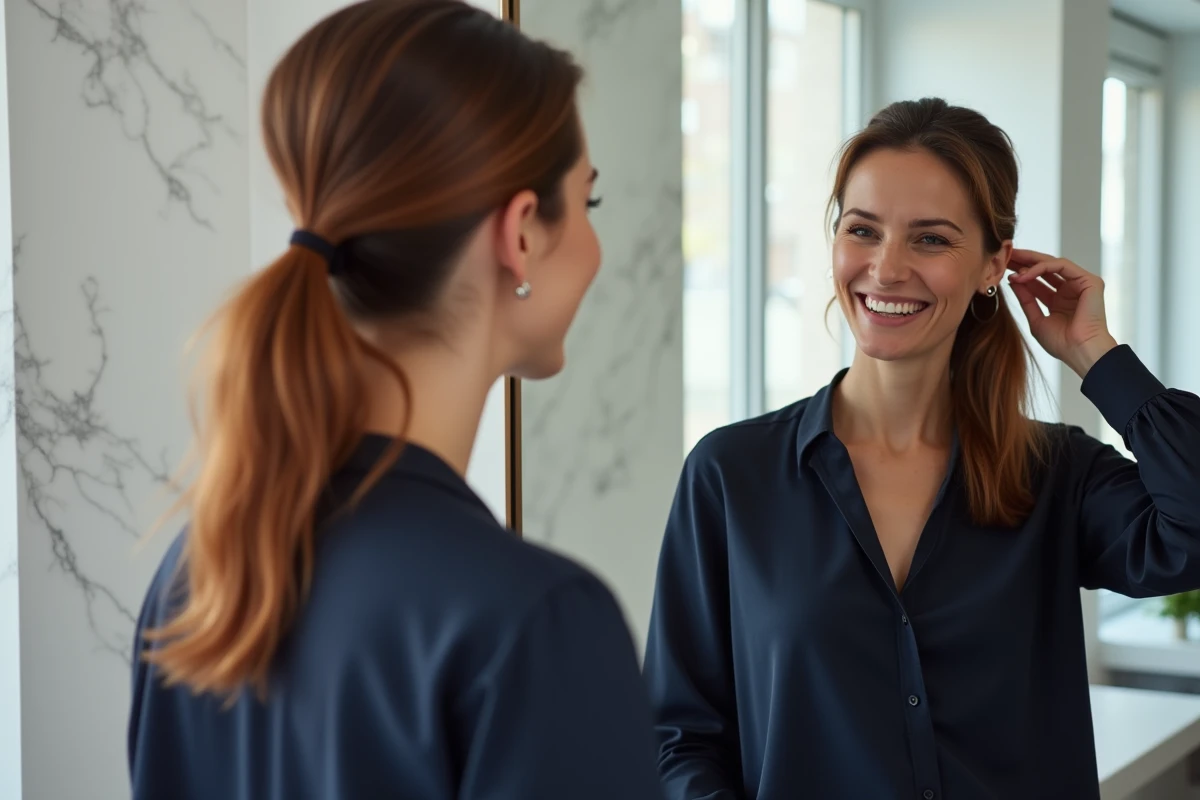 Femme de quarante ans à peau claire avec un balayage roux sophistiqué dans un salon de coiffure devant un miroir