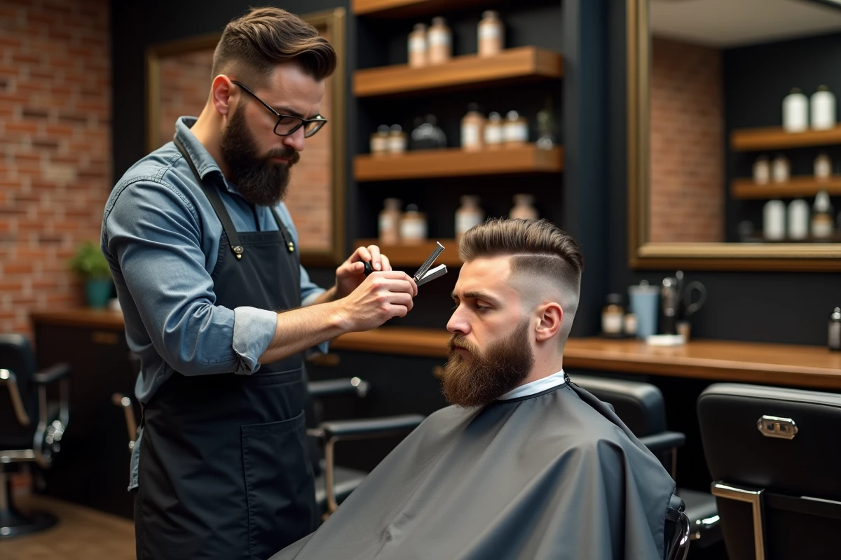 Barbier professionnel finissant une coupe mafieux italienne avec rasoir dans un salon moderne haut de gamme