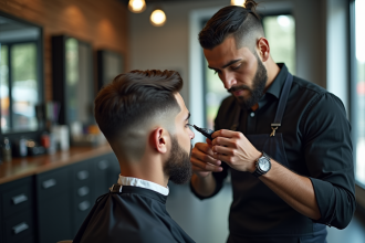 Barbier réalisant un dégradé précis dans un salon moderne