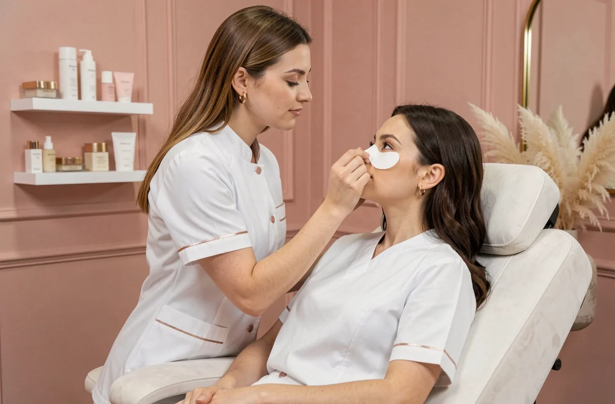 Esthéticienne appliquant des patches contour des yeux sur une cliente chez B'Elle Institut