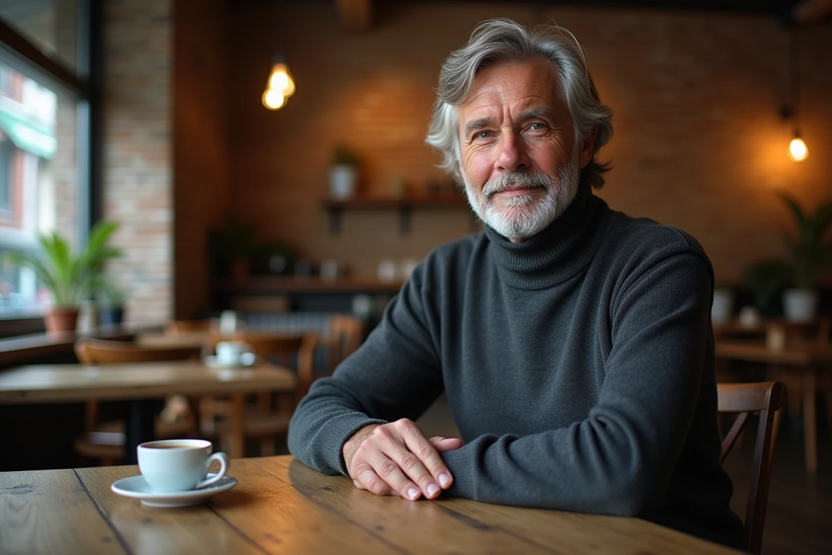 Homme mature avec un long bouc poivre et sel assis dans un café avec murs en briques apparentes