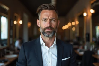 Homme aux cheveux courts portant un bouc menton court bien taillé dans un salon de coiffure moderne