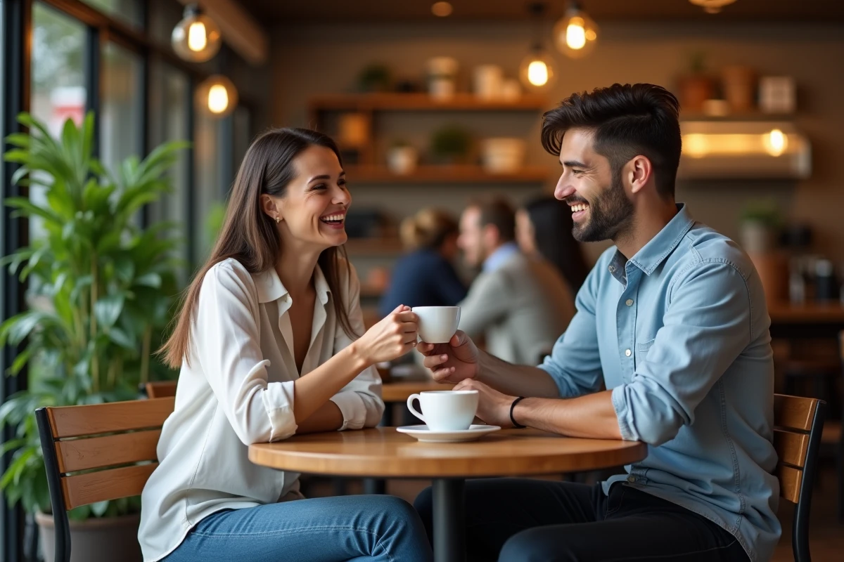 Femme et homme souriants partageant un café dans un café chaleureux