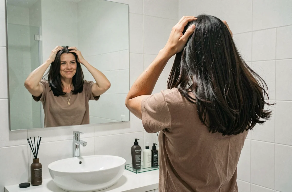 Femme d'âge moyen avec un carré mi-long volumineux se coiffant devant un miroir de salle de bain moderne