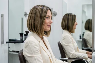 Femme de 50 ans avec un carré plongeant sur cheveux fins dans un salon de coiffure parisien élégant