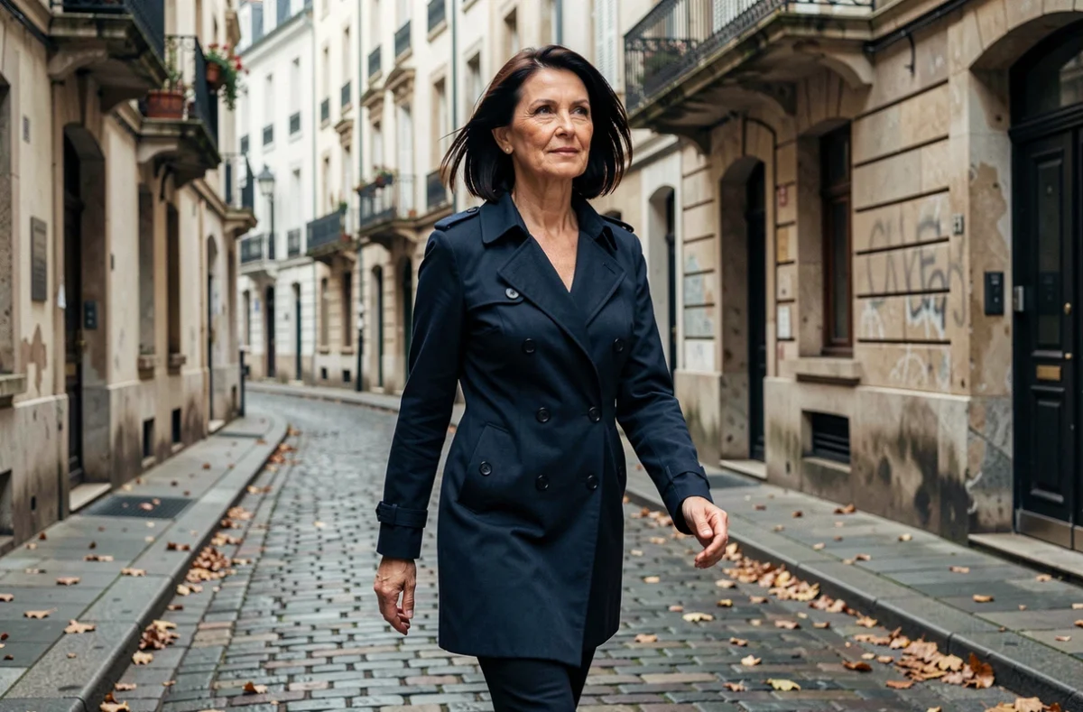 Femme de 58 ans en carré plongeant sur cheveux fins marchant dans une rue pavée européenne en trench-coat marine