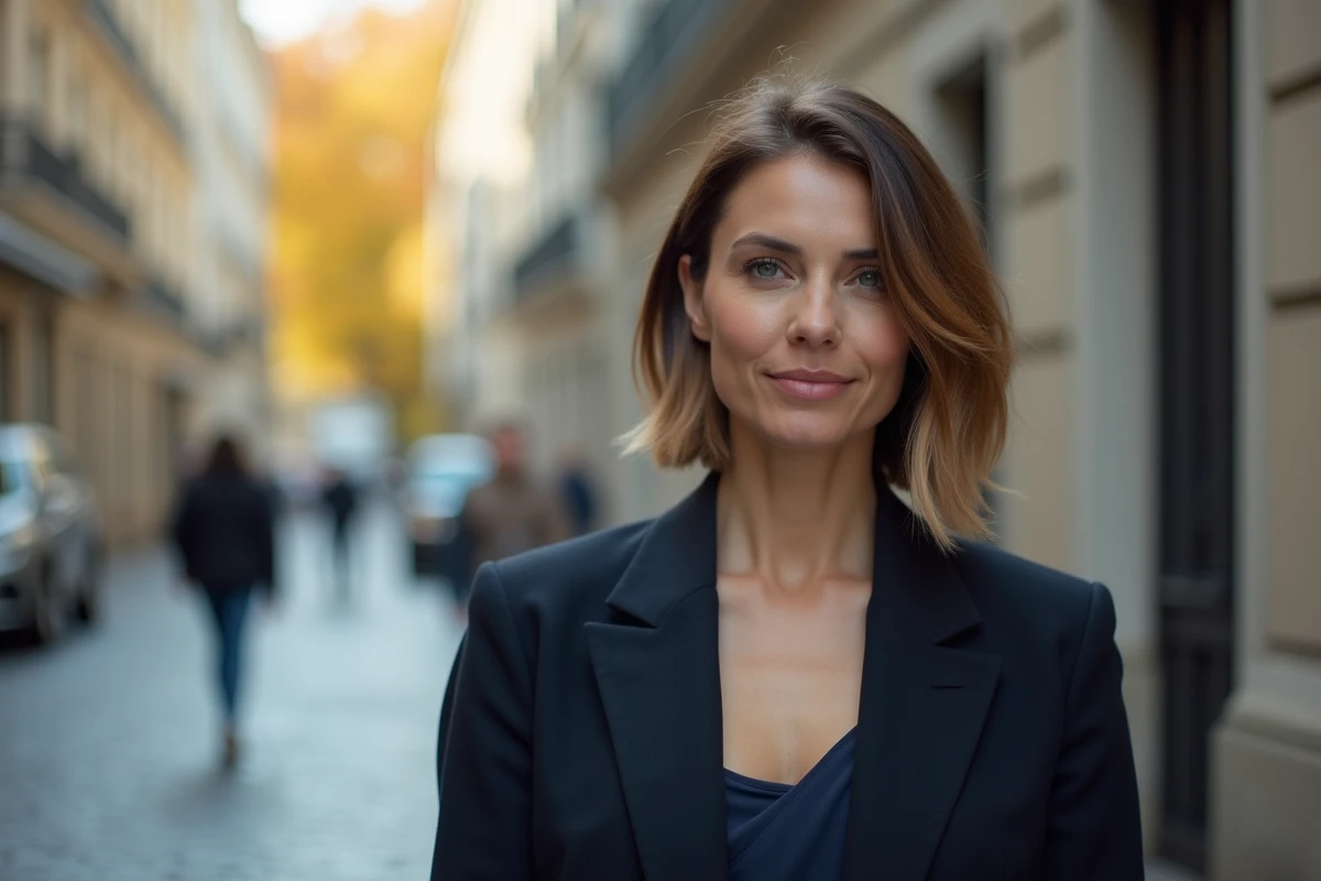 Femme portant un carré plongeant dégradé sur cheveux fins en extérieur dans une rue pavée en automne