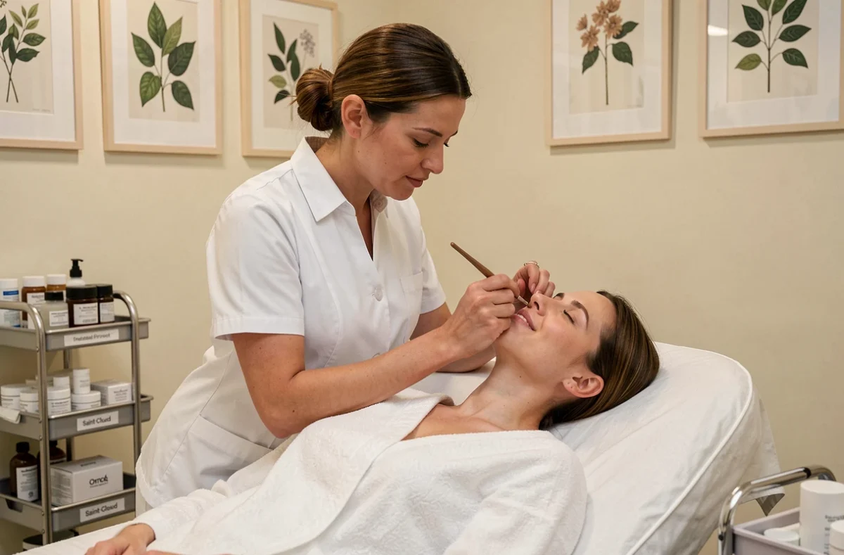 Esthéticienne en blouse blanche réalisant un soin du visage sur une cliente dans l'institut Beautyline à Saint-Cloud