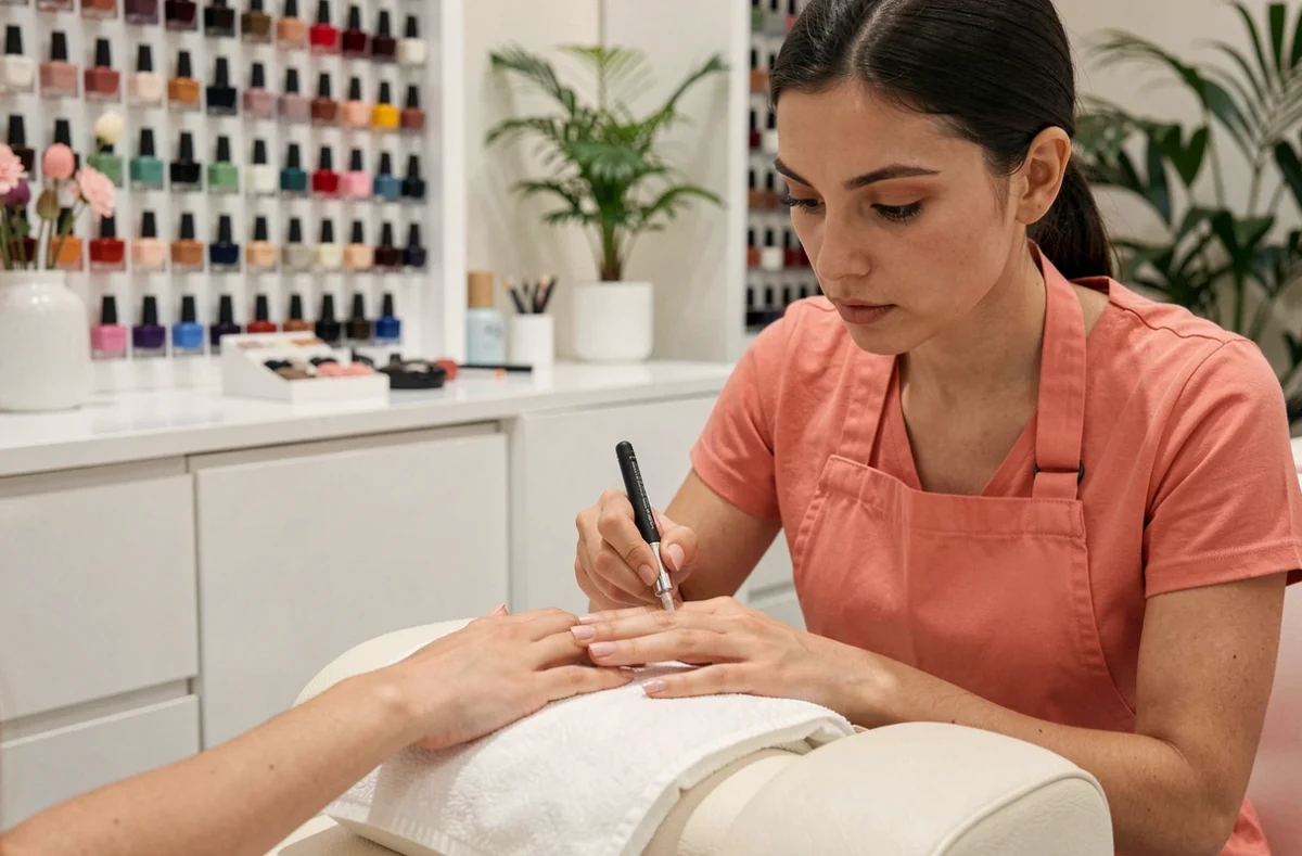 Prothésiste ongulaire appliquant du vernis gel sur les ongles d'une cliente au salon Chemsa Nails à Boulogne-Billancourt