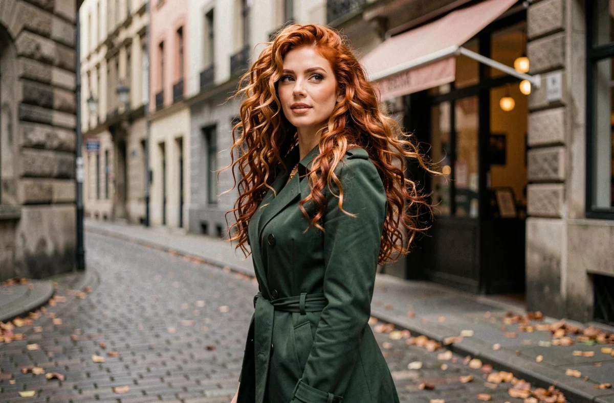 Femme aux cheveux longs bouclés roux avec reflets cuivrés dans une rue pavée en automne