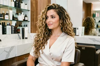 Femme aux longs cheveux bouclés avec balayage miel et base châtain dans un salon de coiffure moderne