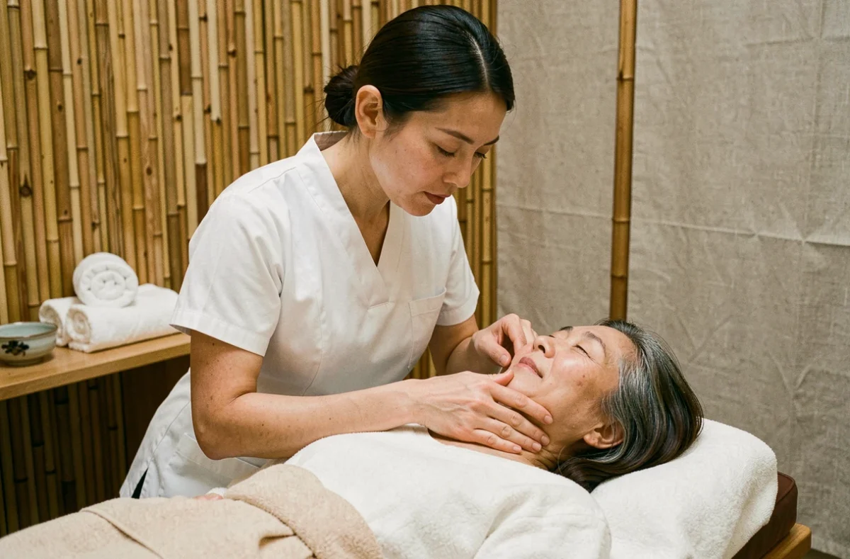 Spécialiste du visage pratiquant un massage facial Kobido sur une cliente allongée dans le cabinet de Christelle Facialiste à Nanterre