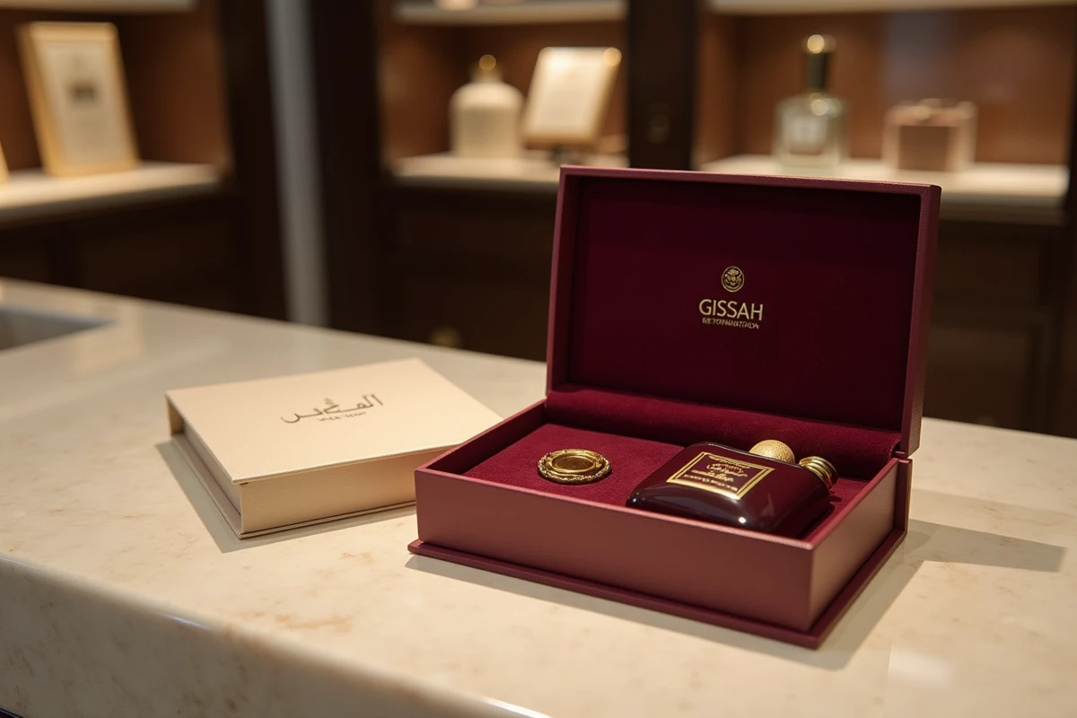 Coffret cadeau de luxe Gissah Perfume ouvert révélant un flacon doré dans un écrin en velours bordeaux