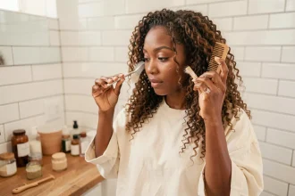 Jeune femme noire aux cheveux bouclés très secs appliquant une crème coiffante naturelle dans une salle de bain moderne