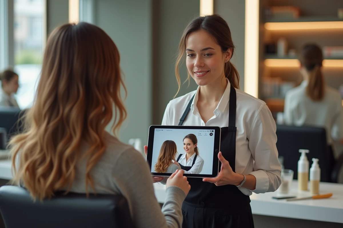 Coiffeuse montrant à sa cliente un outil numérique de simulation de coupe de cheveux sur tablette dans un salon moderne