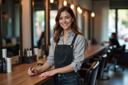 Jeune coiffeuse souriante dans un salon moderne