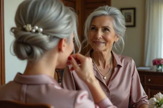 Femme de 70 ans avec un chignon élégant orné d'épingles en perles pour un mariage, devant une coiffeuse en bois
