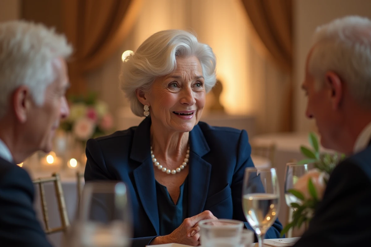 Femme élégante de 70 ans avec une coiffure courte ondulée blanche lors d'une réception de mariage
