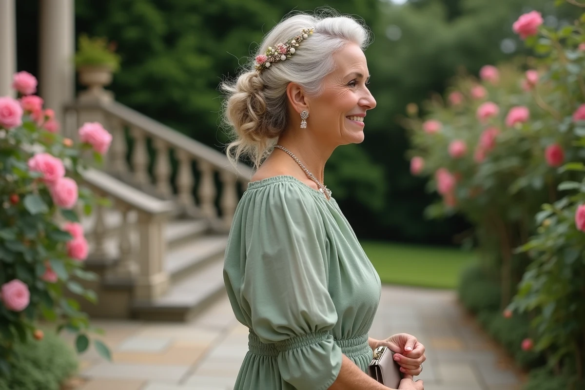 Femme de 70 ans avec un demi-chignon fleuri et une robe verte lors d'un mariage en jardin