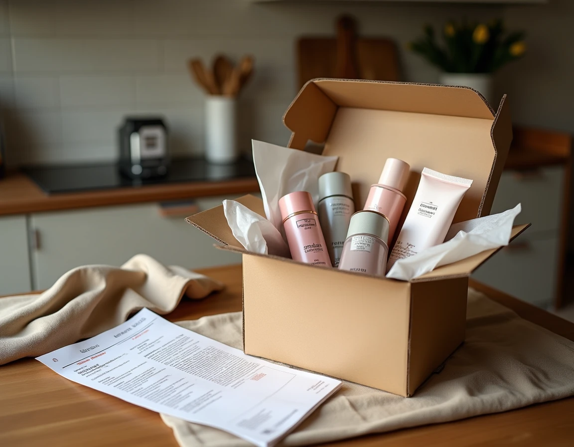 Colis Space NK ouvert sur une table de cuisine française révélant des produits de beauté de luxe emballés avec une facture de livraison internationale