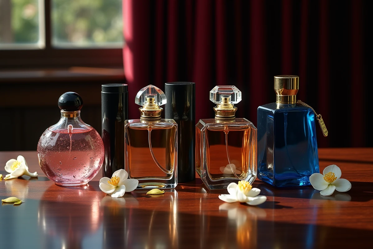 Collection de flacons de parfum rares et précieux en cristal soufflé et laque sur bois de noyer avec pétales de jasmin