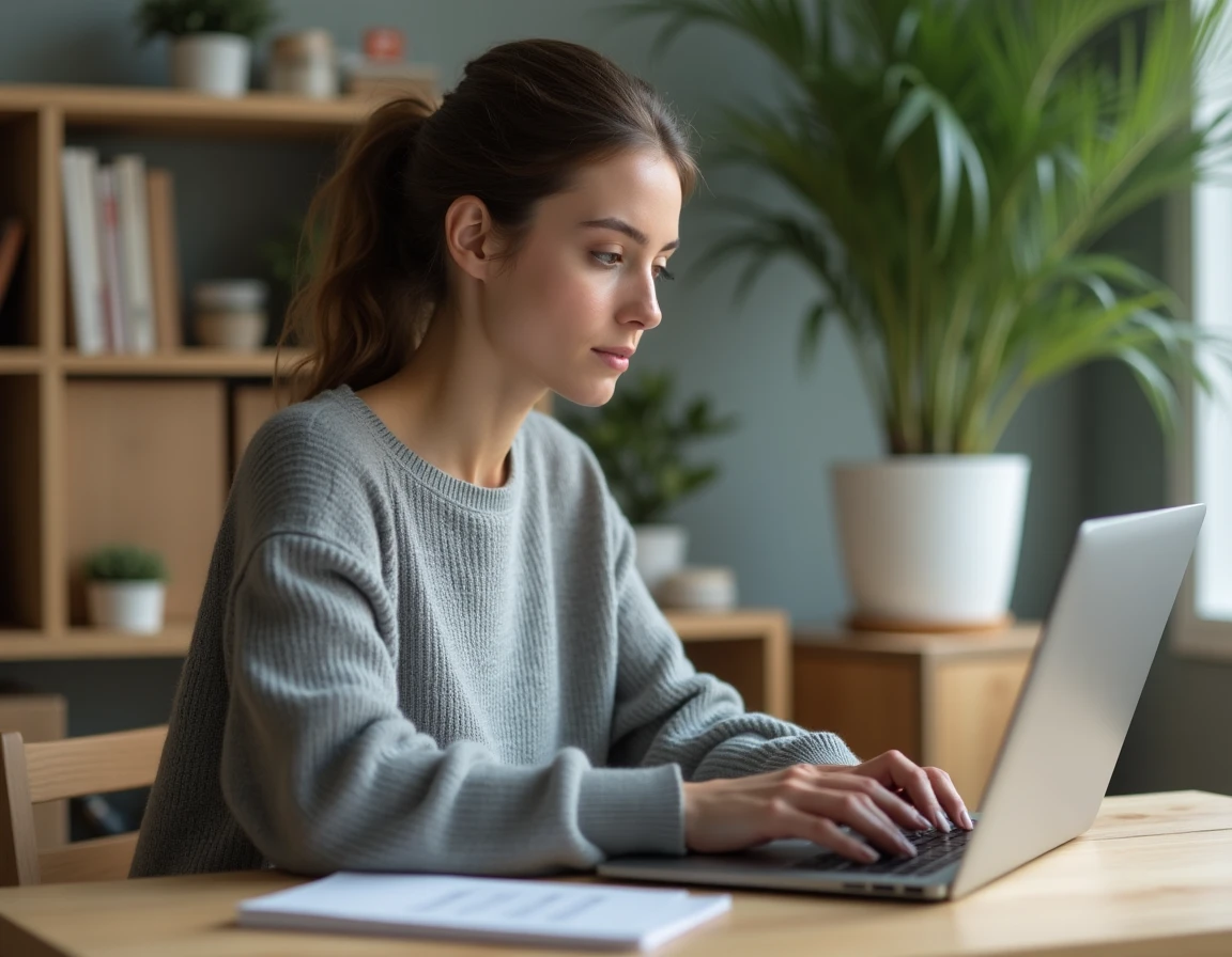 Jeune femme consultant le site Space NK sur un ordinateur portable depuis son domicile en France pour commander des produits de beauté