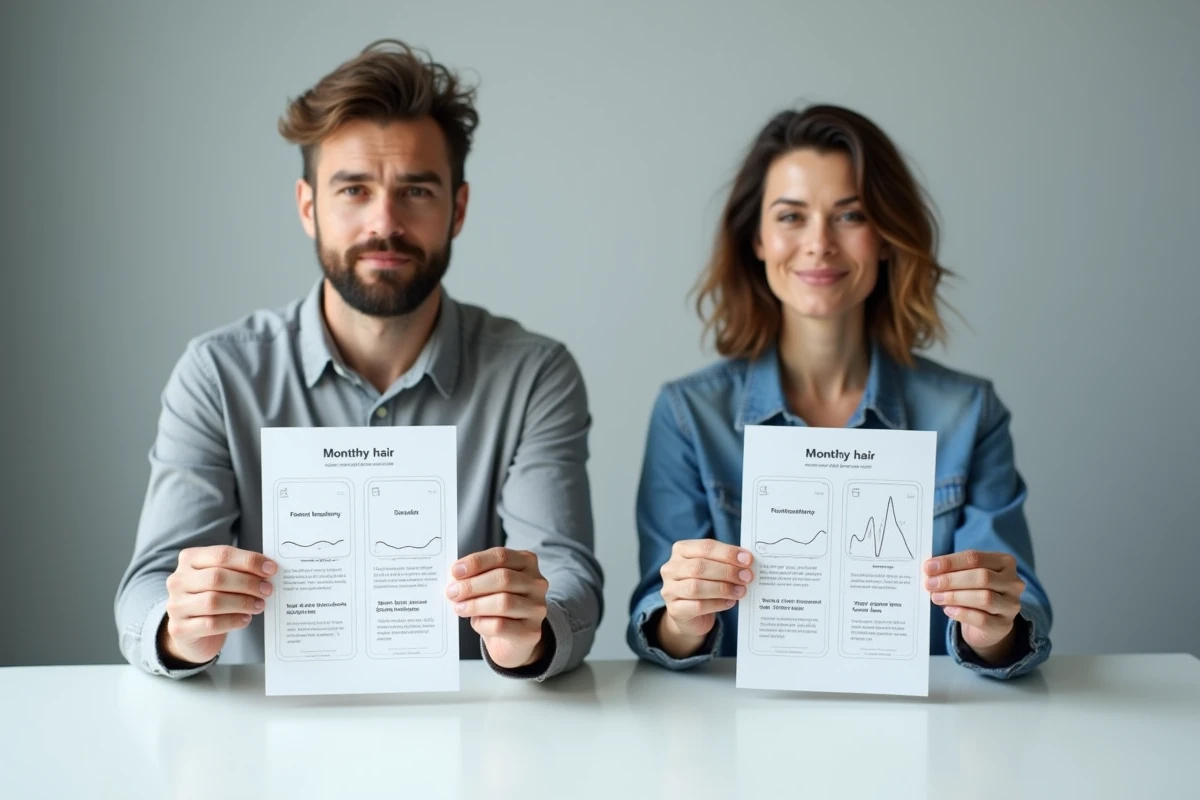 Homme et femme comparant des graphiques sur la vitesse de pousse des cheveux par mois