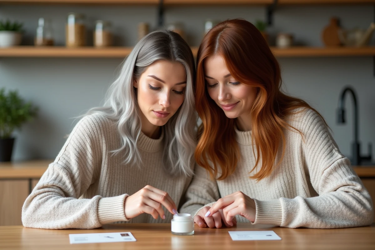 Deux femmes comparant une patine maison et un résultat salon autour d'une table de cuisine