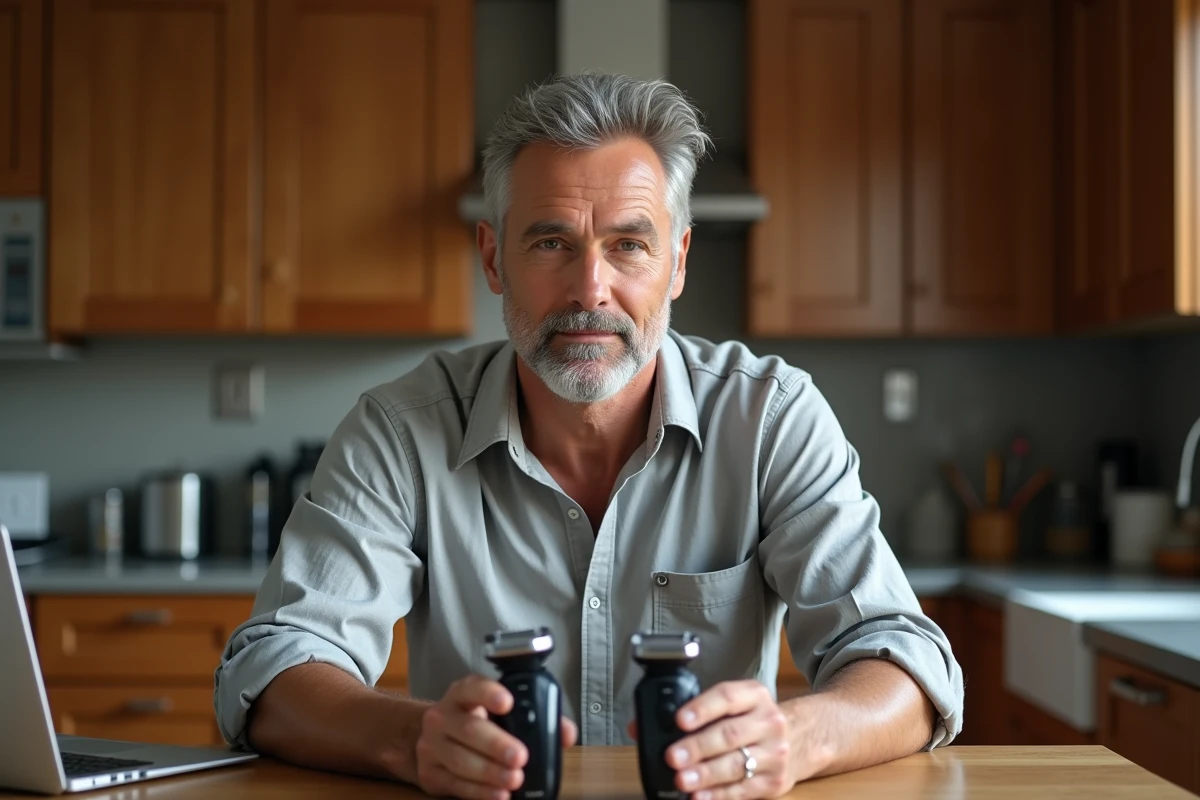 Homme comparant deux rasoirs électriques Gillette sur une table de cuisine pour trouver le meilleur rapport qualité-prix