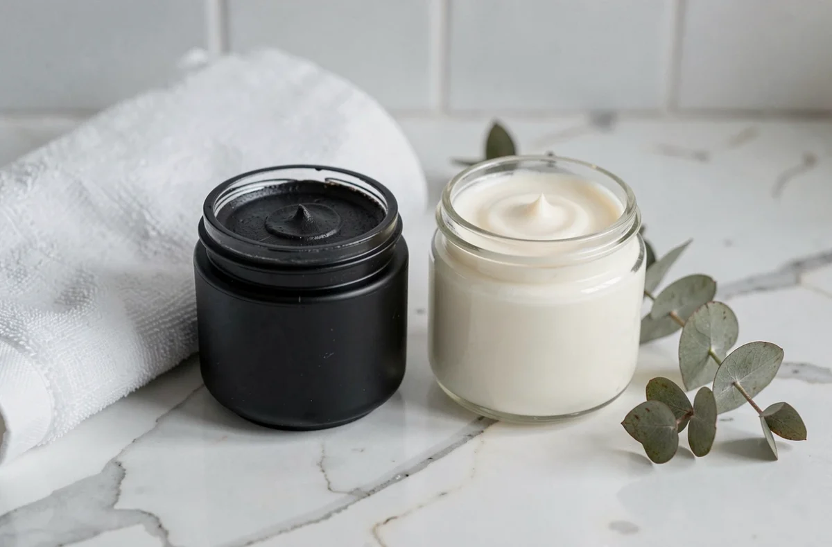 Comparaison entre un pot de savon noir et un nettoyant doux posés sur un plan en marbre
