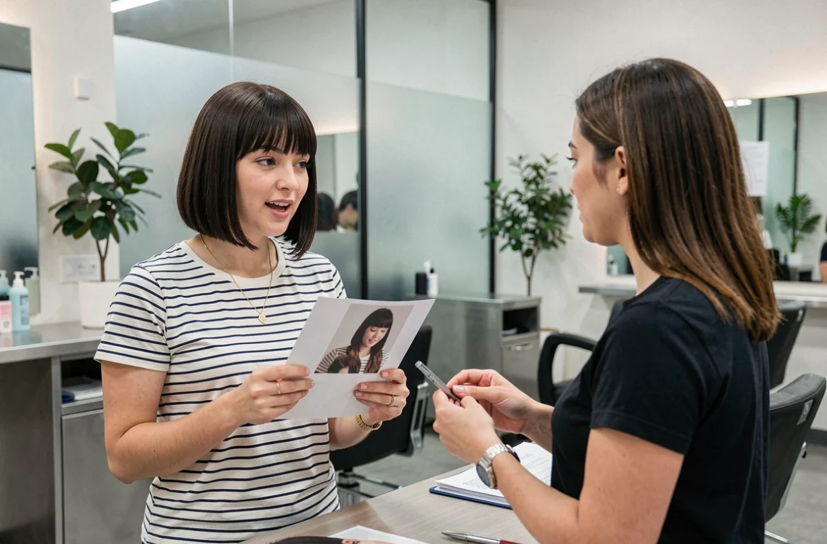 Femme à visage rond montrant une photo de référence de frange à sa coiffeuse lors d'une consultation en salon
