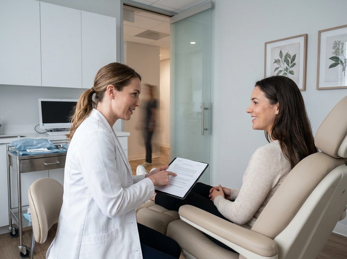 Praticienne et patiente en consultation dans une salle de soins d'une clinique esthétique bien organisée