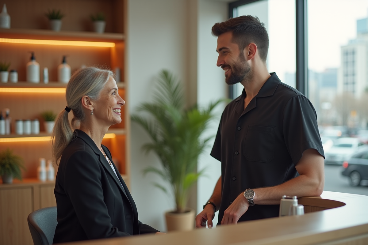 Homme facialiste conseillant une cliente dans clinique