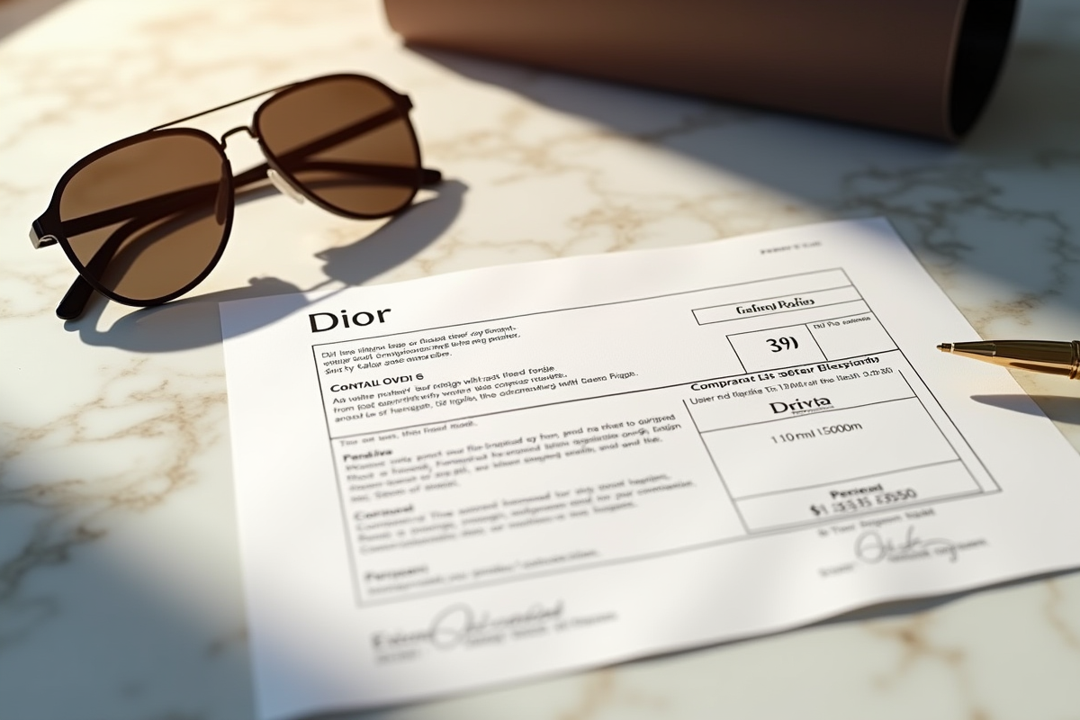 Contrat Dior et accessoires de luxe sur un bureau en marbre