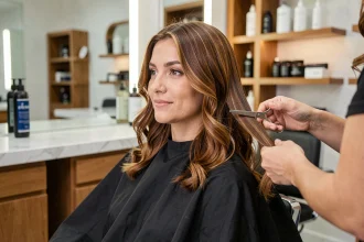 Femme aux cheveux mi-longs avec volume naturel assise dans un salon de coiffure moderne pendant une coupe professionnelle