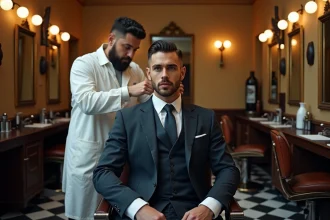 Homme élégant recevant une coupe mafieux italienne dans un salon de coiffure vintage aux miroirs dorés