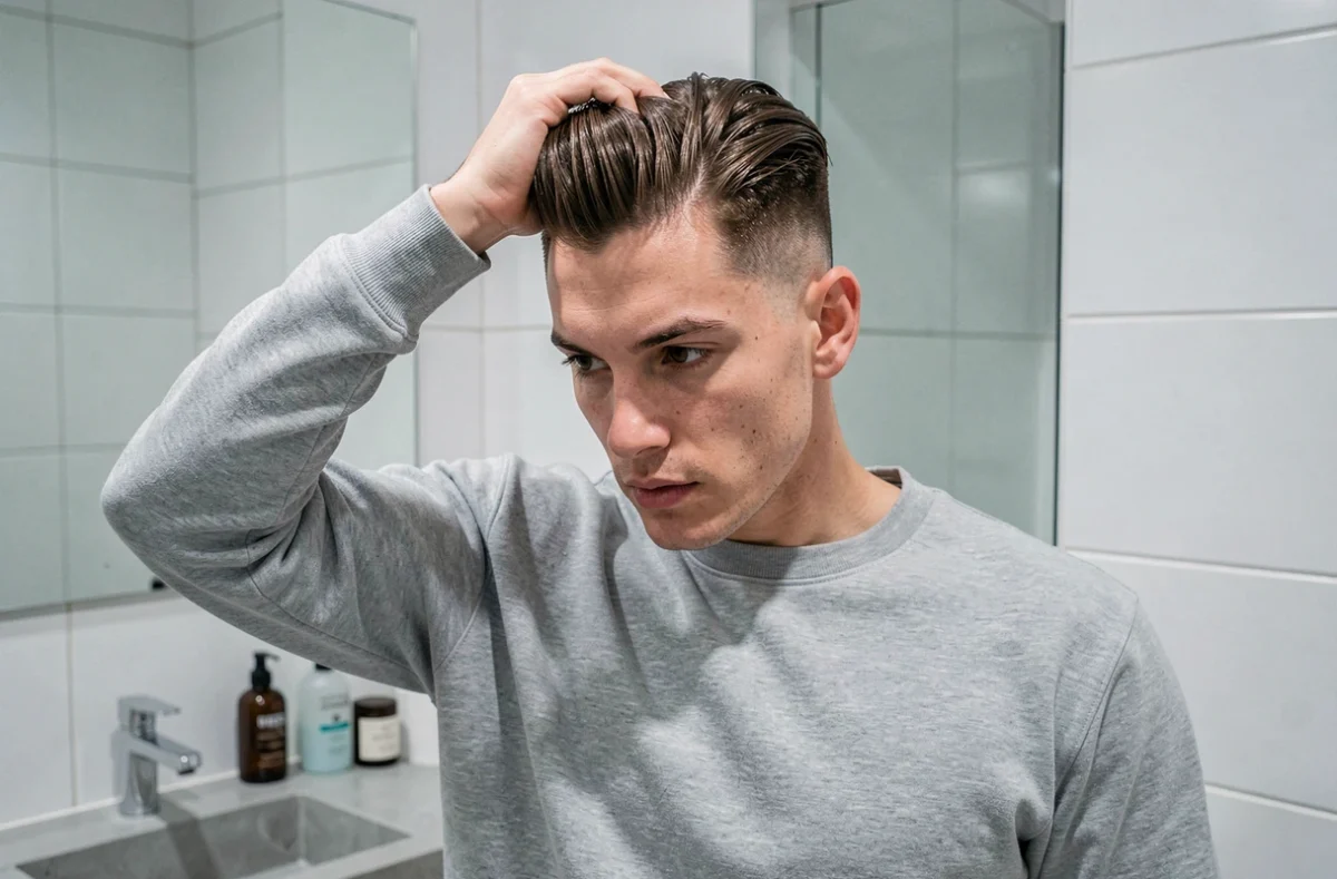 Homme aux cheveux fins brun avec coupe taper se coiffant devant un miroir de salle de bain moderne, gros plan sur la texture et le volume des cheveux