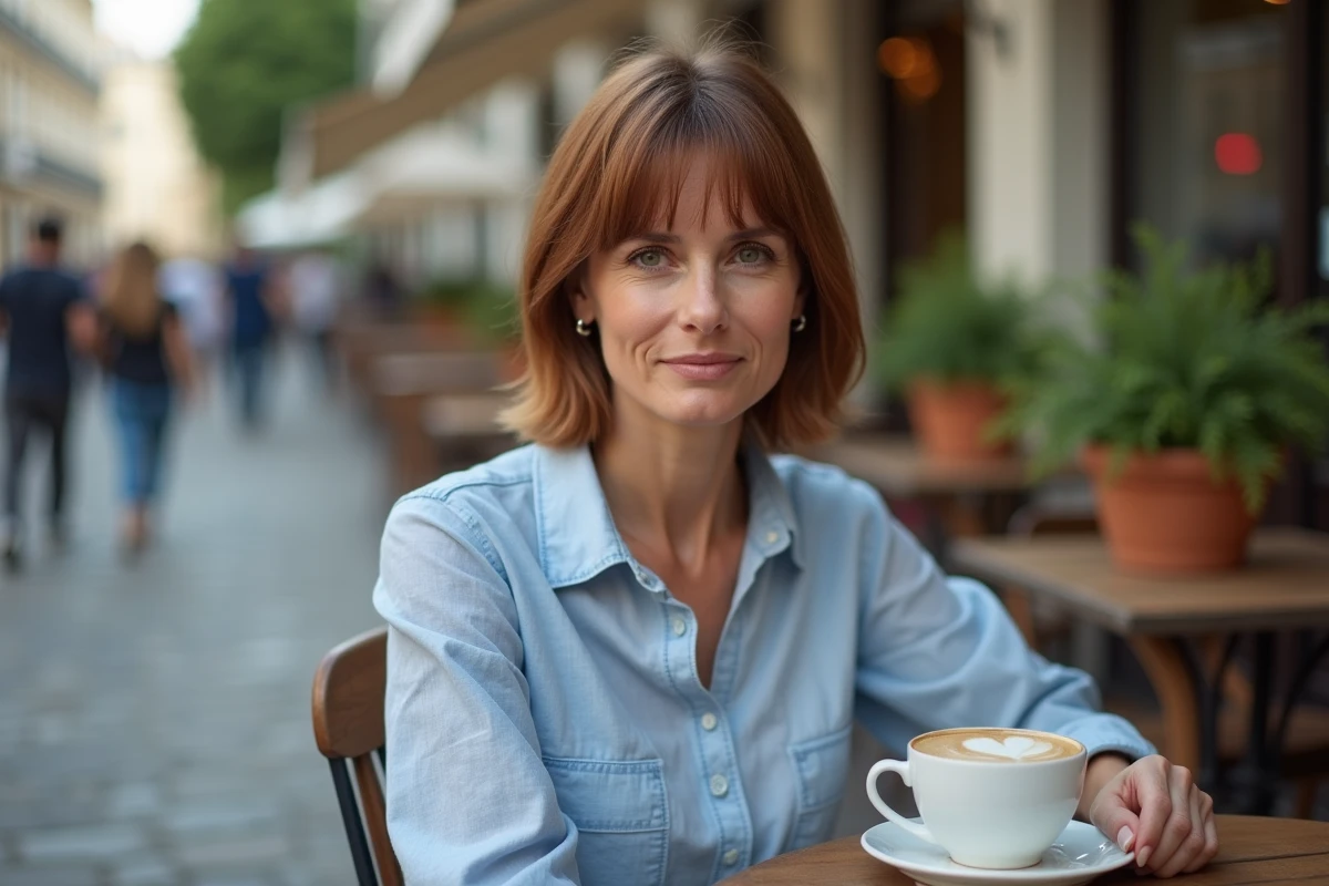 Femme aux cheveux raides châtains avec une coupe taper étagée sans effet casque, assise en terrasse de café dans un cadre urbain parisien