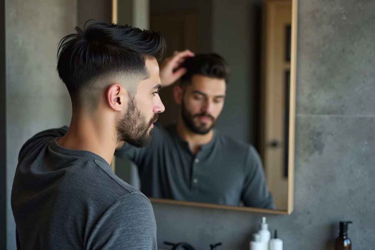 Homme aux cheveux raides avec une coupe taper fade nette, examinant sa coiffure dans un miroir de salle de bain moderne