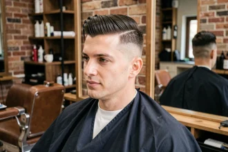 Homme aux cheveux fins avec une coupe taper fraîche assis dans un fauteuil de barbier, vue de 3/4 montrant le volume structuré sur le dessus