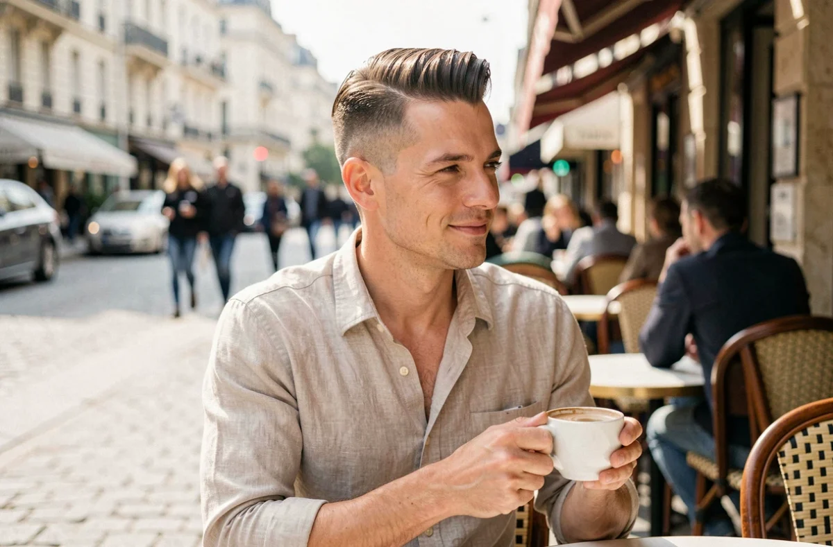 Homme avec coupe taper sur cheveux fins assis en terrasse de café parisien, portrait 3/4 montrant le maintien du volume en extérieur