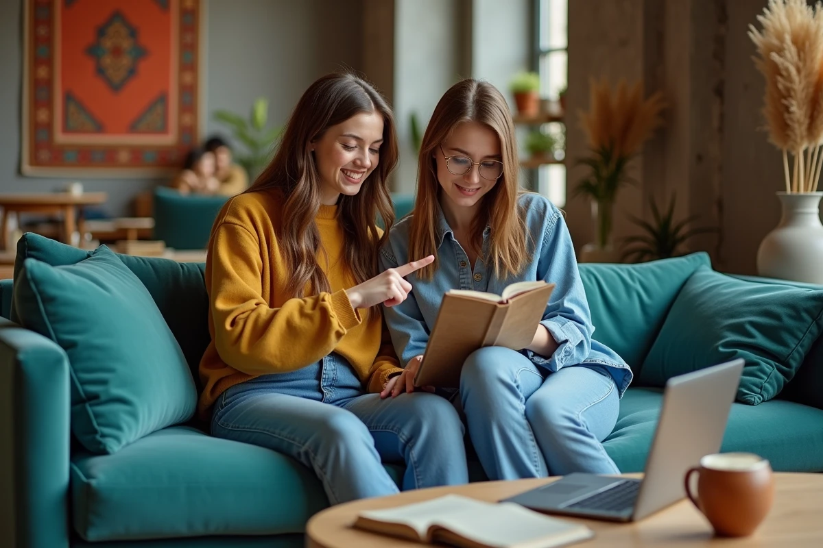 Deux créatrices de contenu analysant une vidéo TikTok sur canapé dans un studio créatif tendance